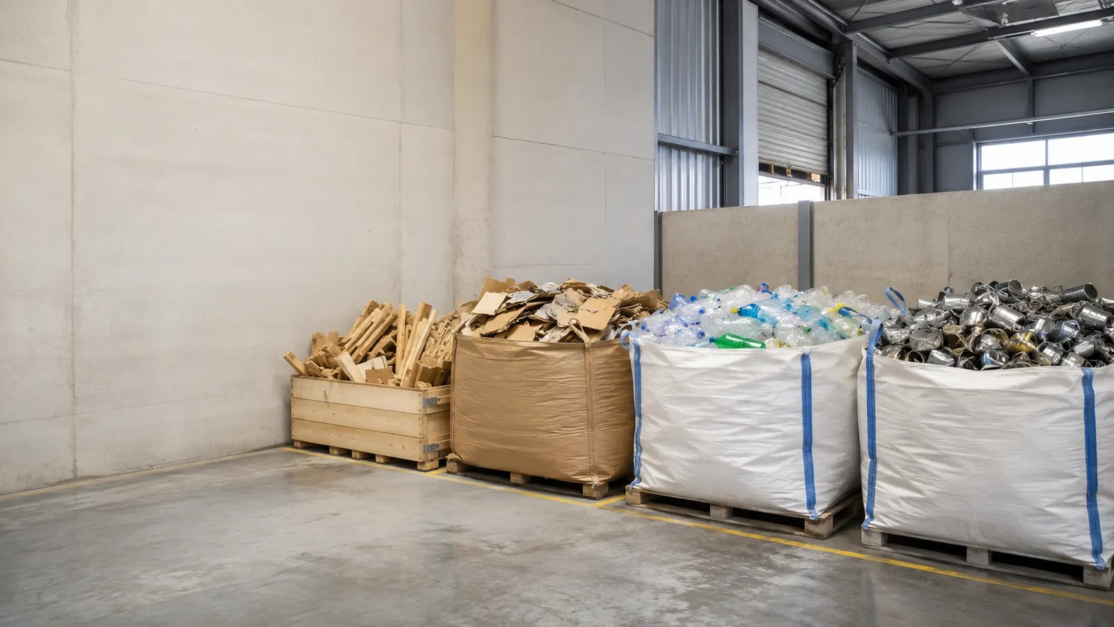 Cuatro contenedores llenos de residuos no peligrosos, en una nave industrial.