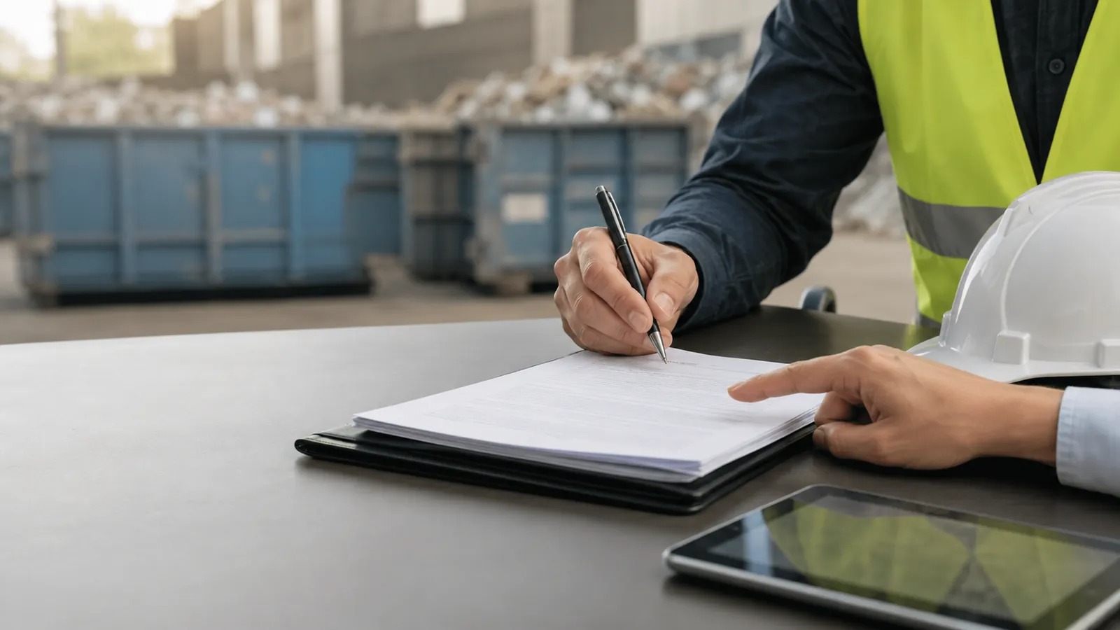 Dos personas en una zona de obras estudiando unos documentos.