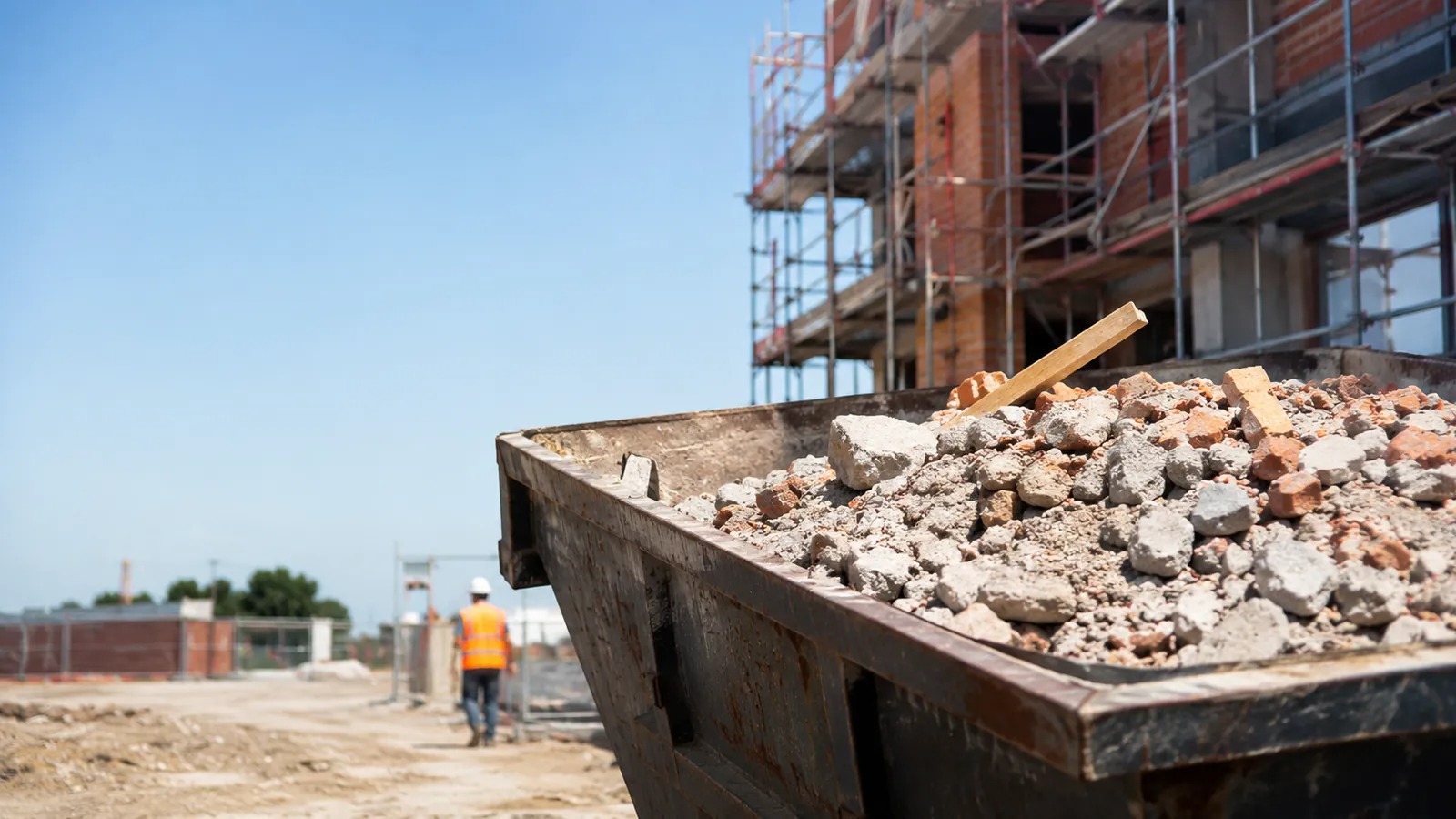 Contenedor lleno de residuos de obra, dentro de una zona de obra con un trabajador de fondo.